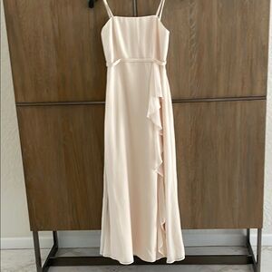Azazie Cream Maxi Dress Slit Buttoned Spaghetti Strap